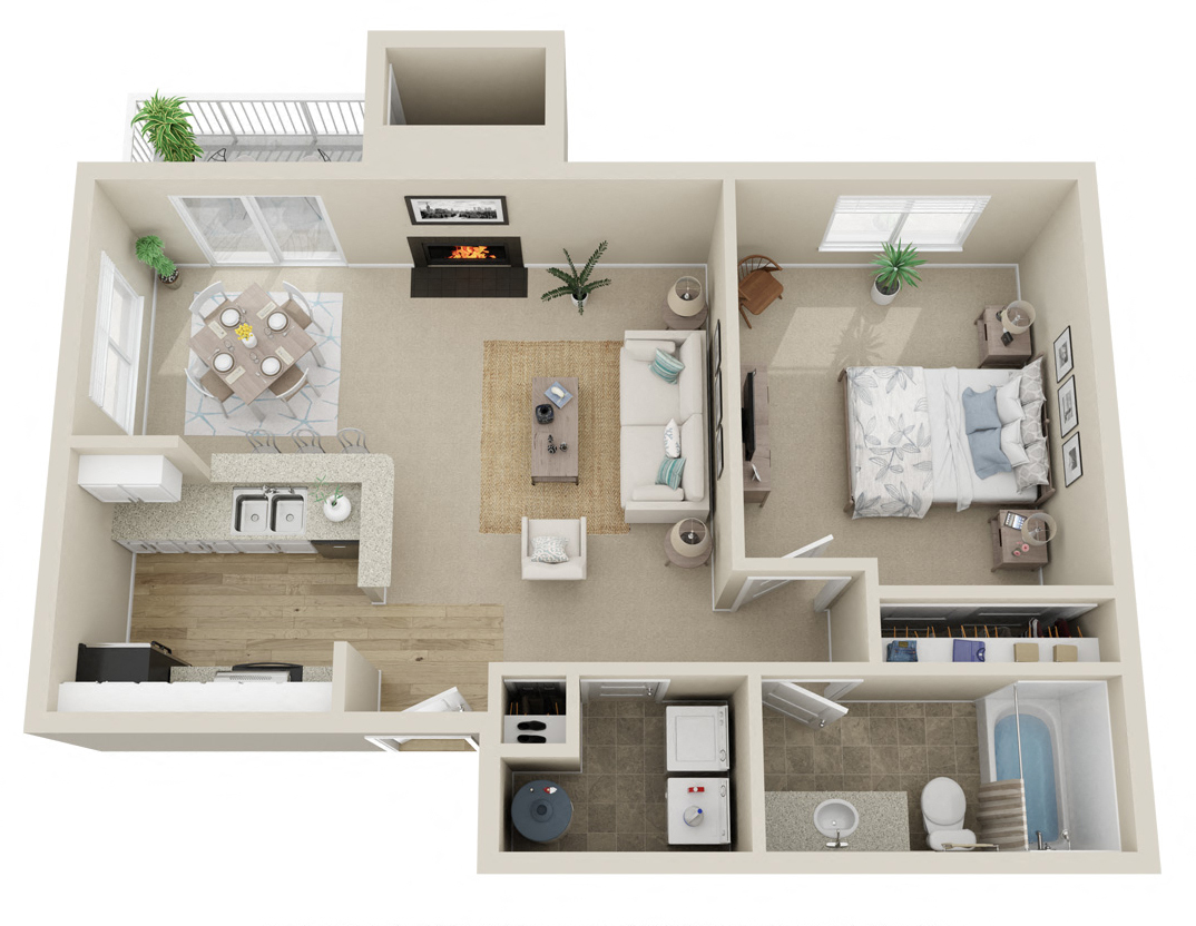 Floor plan for 1 bed, 1 bath, 745 sqft